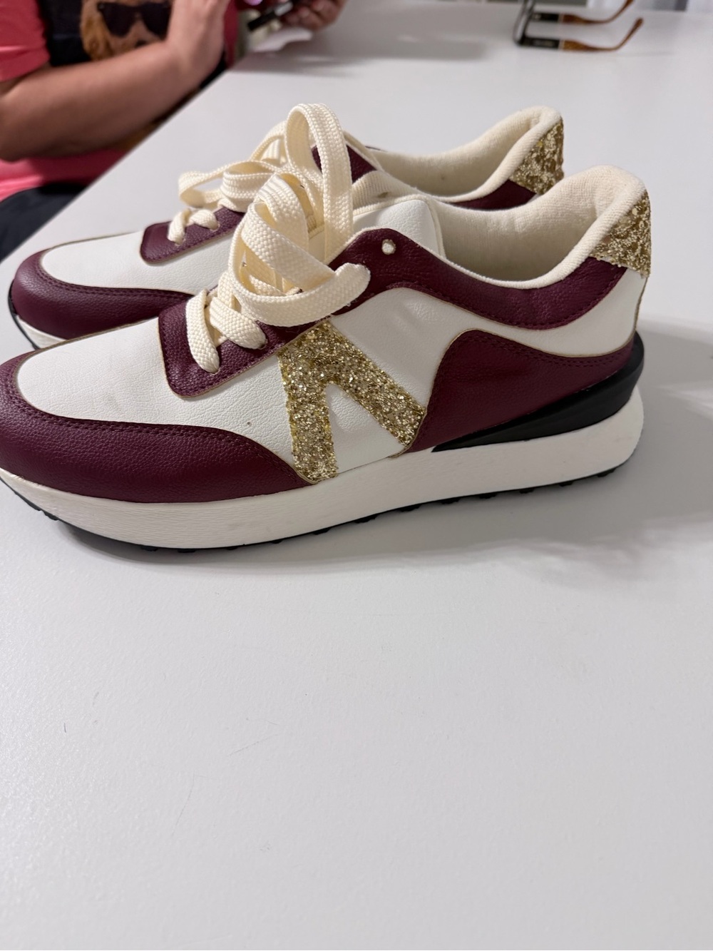 Game day Women's Burgundy and Cream Glitter Accent Sneakers